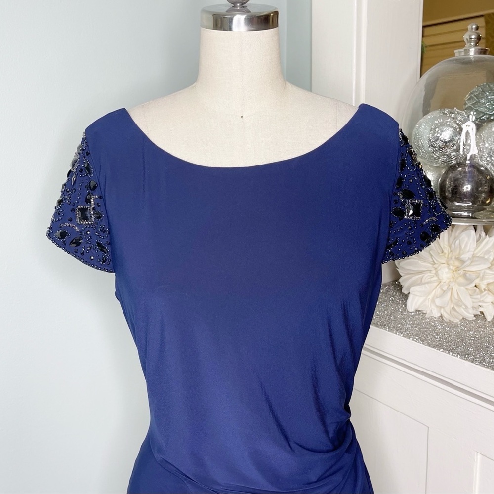 Eliza J Ruched Sheath Dress Formal Party Navy Blue 12 Large - Picture 3 of 10